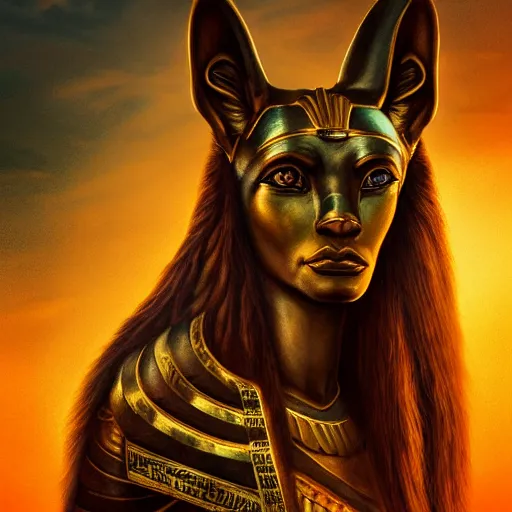 Prompt: majestic gracious regal female anubis warrior portrait, ancient egypt, atmospheric lighting, painted, menacing, intricate, volumetric lighting, beautiful, rich deep colours masterpiece, golden hour, golden ratio, sharp focus, ultra detailed, by leesha hannigan, ross tran, thierry doizon, kai carpenter, ignacio fernandez rios