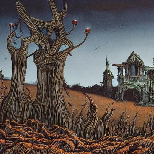 Prompt: painting of a landscape by tim burton and h. r. giger | horror themed | creepy