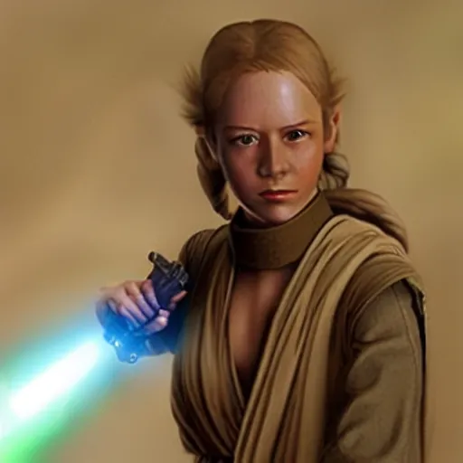 Image similar to young karen fisher as a jedi in star wars, 8k resolution, full HD, cinematic lighting, award winning, anatomically correct