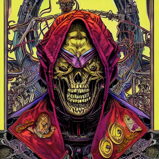 Image similar to portrait of crazy skeletor, symmetrical, by yoichi hatakenaka, masamune shirow, josan gonzales and dan mumford, ayami kojima, takato yamamoto, barclay shaw, karol bak, yukito kishiro