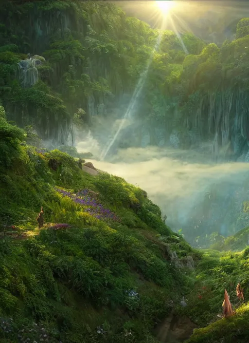 Image similar to a flying faerie in the distance of a lord of the rings scenery landscape, a vast lush valley flowers and wooden structures, stream, sunrise, god's rays highly detailed, vivid color, cinematic lighting, perfect composition, 8 k, gustave dore, derek zabrocki, greg rutkowski, belsinski, octane render