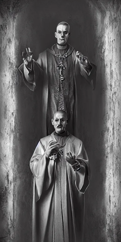 Image similar to a highly realistic and detailed full Priest standing in a dark dirty basement holding a rosary, wide angle 70mm lens, volumetric haze, front facing camera, symmetrical, photorealistic, insanely detailed and intricate, epic, hyper realistic, elegant, ornate, elite, horror, creepy, ominous, haunting, cinematic lighting, unreal engine, cinematic centered camera, high detail, no blur, unreal engine 8k