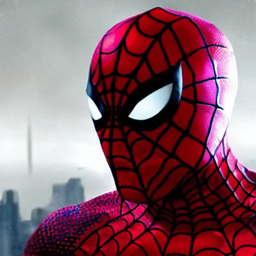 Image similar to bruce willis as unmask spiderman, rain background, an film still