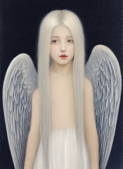 Prompt: thin young beautiful angel with silver hair so long, pale!, wearing silver hair, silver angel wings, young adorable korean face, silver hair!!, oil on canvas, style of fernand khnopff, 4 k resolution, aesthetic!,