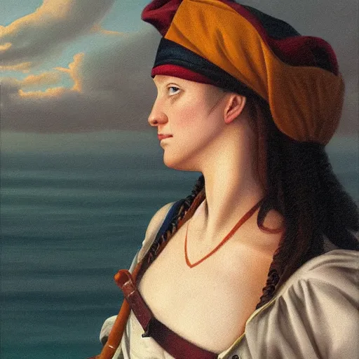 Image similar to a pirate captain gazing into the horizon in the style of mary jane ansell.