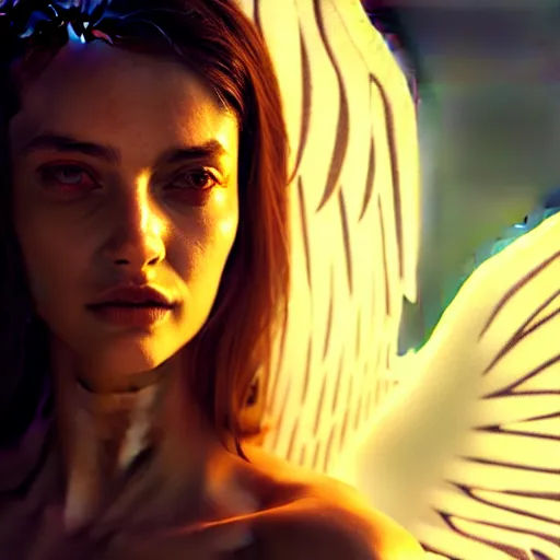Image similar to portrait art of female angel, art by alessio albi 8 k ultra realistic, angel wings, lens flare, atmosphere, glow, detailed, intricate, full of colour, led lighting, trending on artstation, 4 k, hyperrealistic, focused, extreme details, unreal engine 5, masterpiece