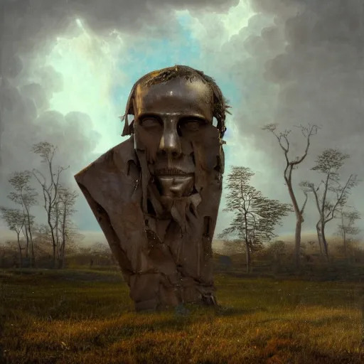 Image similar to hyperrealistic surrealism, david friedrich, award winning masterpiece with incredible details, zhang kechun, a surreal vaporwave vaporwave vaporwave vaporwave vaporwave painting by thomas cole of a gigantic broken mannequin head sculpture in ruins, astronaut lost in liminal space, highly detailed, trending on artstation