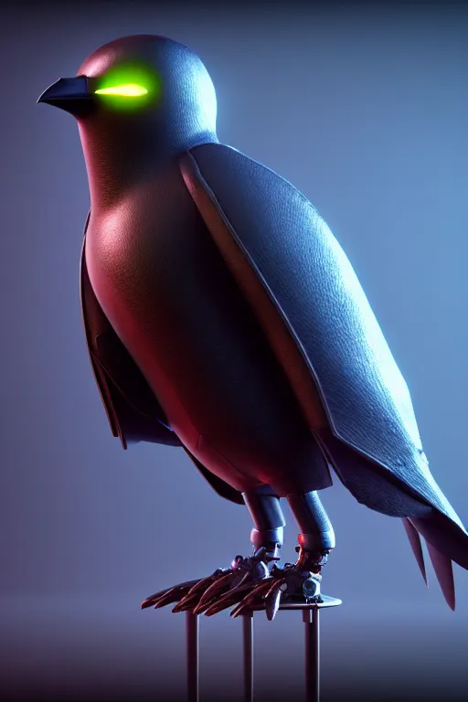 Prompt: high quality 3 d render very cute cyborg crow! sings into microphone!, cyberpunk highly detailed, unreal engine cinematic smooth, in the style of blade runner & detective pikachu, hannah yata charlie immer, moody light, low angle, uhd 8 k, sharp focus