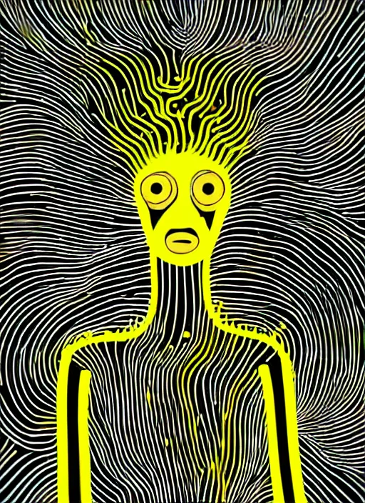 Image similar to highly detailed closeup portrait of wasteland long glowing yellow and white plasma hair tribal lady, stray electric spark wiring by jean jullien, 4 k resolution, gradient yellow, black and white color scheme!!! ( ( dystopian city background ) )