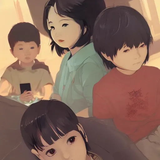 Prompt: four asian kids sitting around each with digital devices, dramatic, top down, comic cover style, by guweiz and wlop and ilya kuvshinov and artgerm and makoto shinkai and studio ghibli, symmetrical eyes, aesthetic, gorgeous, stunning, alluring, attractive, artstation, deviantart, pinterest, digital art