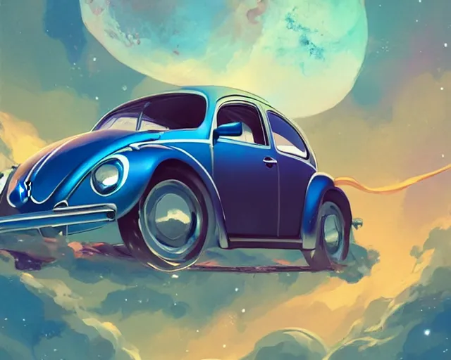 Image similar to a Volkswagen Beetle floating in space, cosmic skies. By Makoto Shinkai, Stanley Artgerm Lau, WLOP, Rossdraws, James Jean, Andrei Riabovitchev, Marc Simonetti, krenz cushart, Sakimichan, trending on ArtStation, digital art.