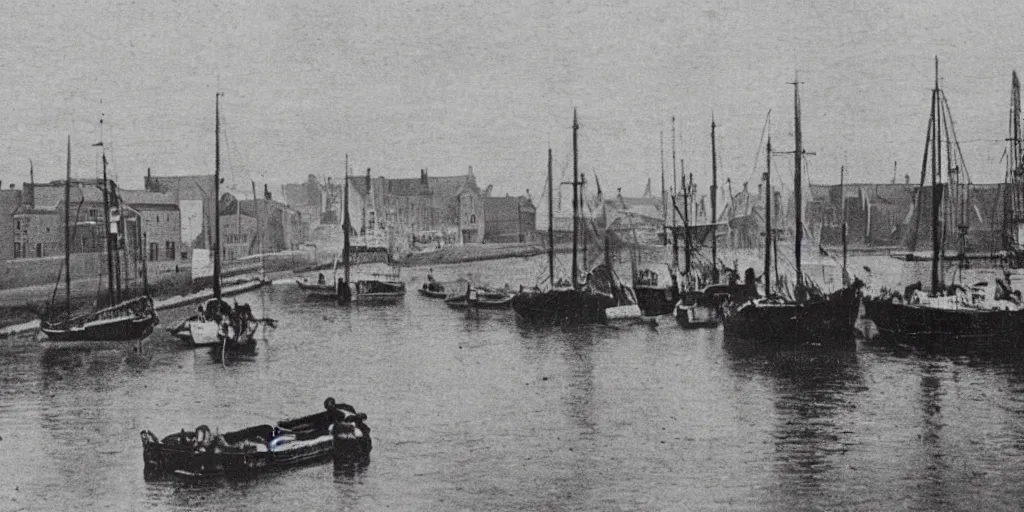 Prompt: vintage photo of boast in Wick harbour in the 19th century