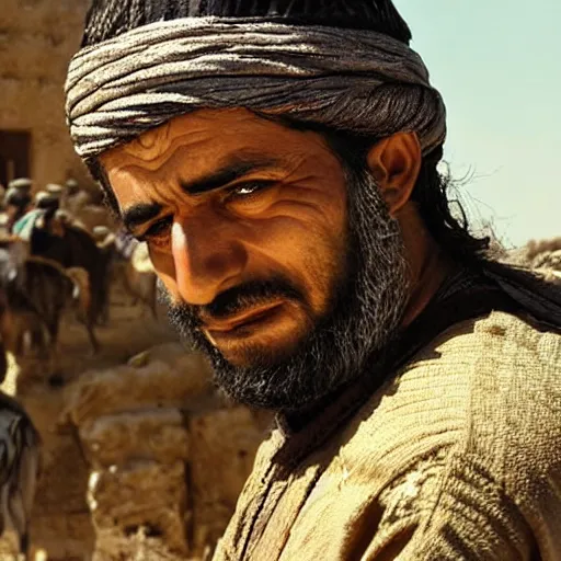 Image similar to Close up of a Kurdish shepherd wearing Kurdish clothes in a movie directed by Christopher Nolan, movie still frame, promotional image, imax 70 mm footage