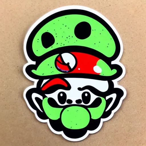 Image similar to die cut sticker, yoshi wearing mario's mustache, splatter paint