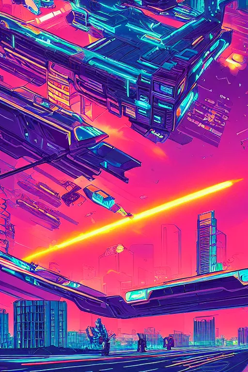 Image similar to thunders in the sky in a future cybernetic city, outrun style and colours, trending on arstation, by dan mumford, by ross tran