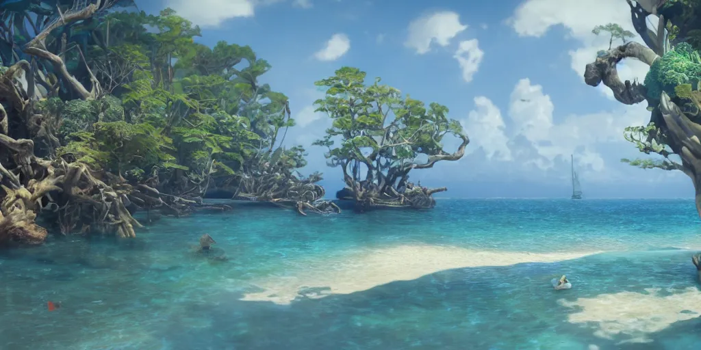 Image similar to landscape of a beautiful ocean with sand and fish and florescent coral and mangrove trees, with a little port town, art by artgerm and greg rutkowski and alphonse mucha, concept art, octane render, unreal engine 5, highly detailed, high quality, 8 k, soft lighting, realistic face, path traced