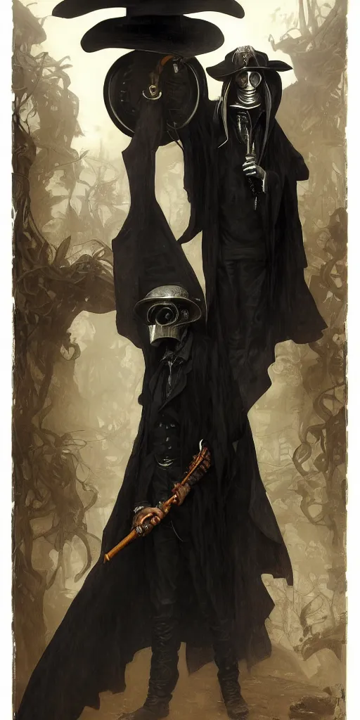 Prompt: portrait of man in black trench coat, wearing a steam punk plague doctor mask and a black top hat, a small wooden flute is held in his right hand. highly detailed, artstation, concept art, by krenz cushart and donato giancola and william adolph bouguereau and alphonse mucha,