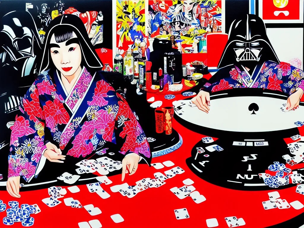 Image similar to hyperrealistim composition of the detailed single woman in a japanese kimono sitting at a extremely detailed poker table with darth vader, fireworks, river on the background, pop - art style, jacky tsai style, andy warhol style, acrylic on canvas