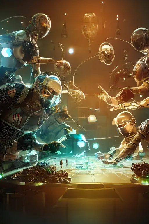 Prompt: closeup, of one futuristic sci-fi Twenty sided dice, in the background are players at a table that are in high tech still suites, with masks, bokeh, sharp focus, intricate concept art, highly detailed, 8k, cinematic, sharp focus