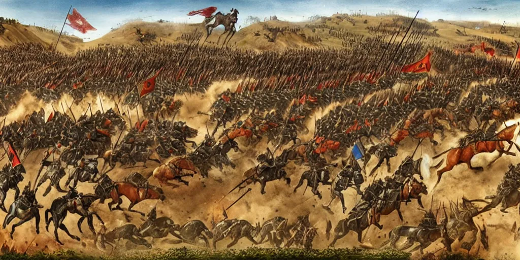 Image similar to medieval battlefield filled with cavalry fleeing from monster trucks