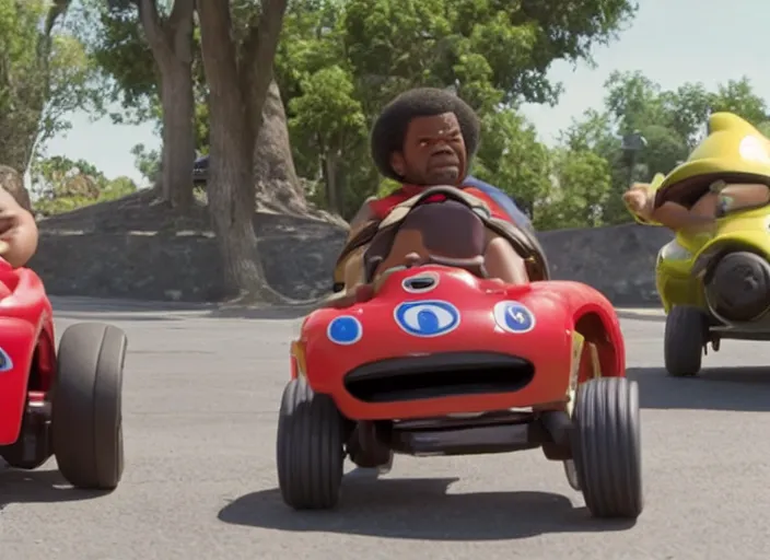 Prompt: peter dinklage racing gary coleman driving a little tikes cars, movie still, from the new fast and furious movie, 8 k, realistic