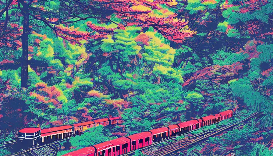 Image similar to Japan rural splendor rail travel and touring c2050, surrealist psychedelic photo-collage painting spot illustration in the style of Newsweek magazine, +81 magazine, muted deep neon color, clean slick design