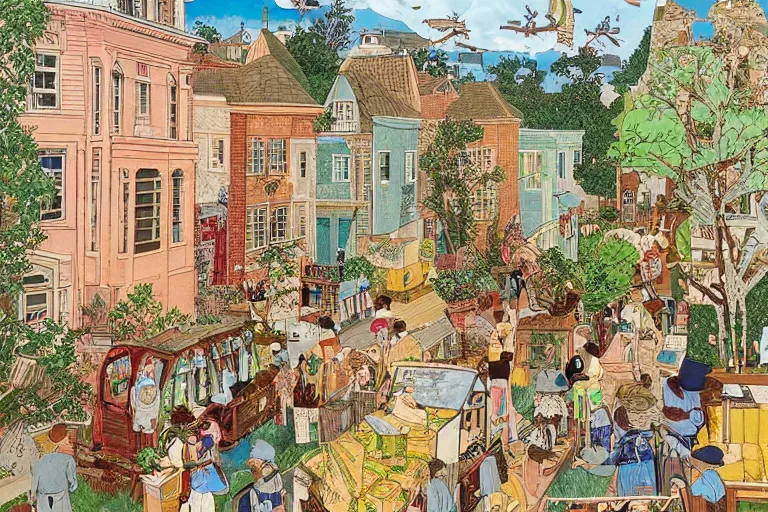 Image similar to an elaborate and dense painting of a beautiful peaceful neighborhood scene, detailed, made of alcohol ink on parchment and penned illustrations, by wes anderson!!!!!! and geoff darrow