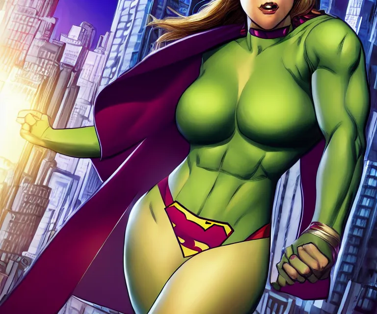 Image similar to supergirl as she - hulk by artgerm, intricate, face, symmetrical eyes, times square cityscape, elegant, beautiful, highly detailed, dramatic lighting, sharp focus, trending on artstation, artstationhd, artstationhq, unreal engine, 4 k, 8 k
