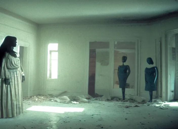 Image similar to cinematic screenshot of octavia spencer in an abandoned house surrounded by mannequins, screenshot from the tense being john malcovich thriller film ( 2 0 0 1 ) directed by spike jonze, dramatic backlit window, volumetric hazy lighting, moody cinematography, 3 5 mm kodak color stock, 2 4 mm lens, ecktochrome