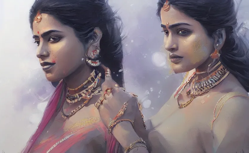 Image similar to a painting of a beautiful indian woman trending on artstation in the style of greg rutkowski