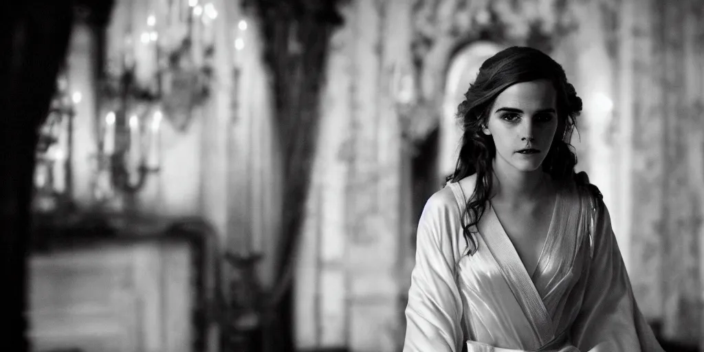 Prompt: portrait closeup Emma Watson long hair flowing silk robes baroque room candles mirrors cinematic lighting stanley kubrick barry lyndon 4k canon 5d mk4