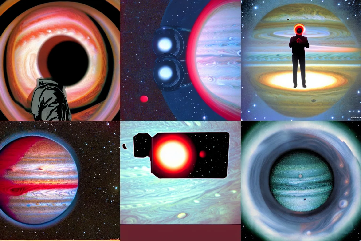 Image similar to HAL 9000 dreaming of Jupiter. Surreal, artistic.