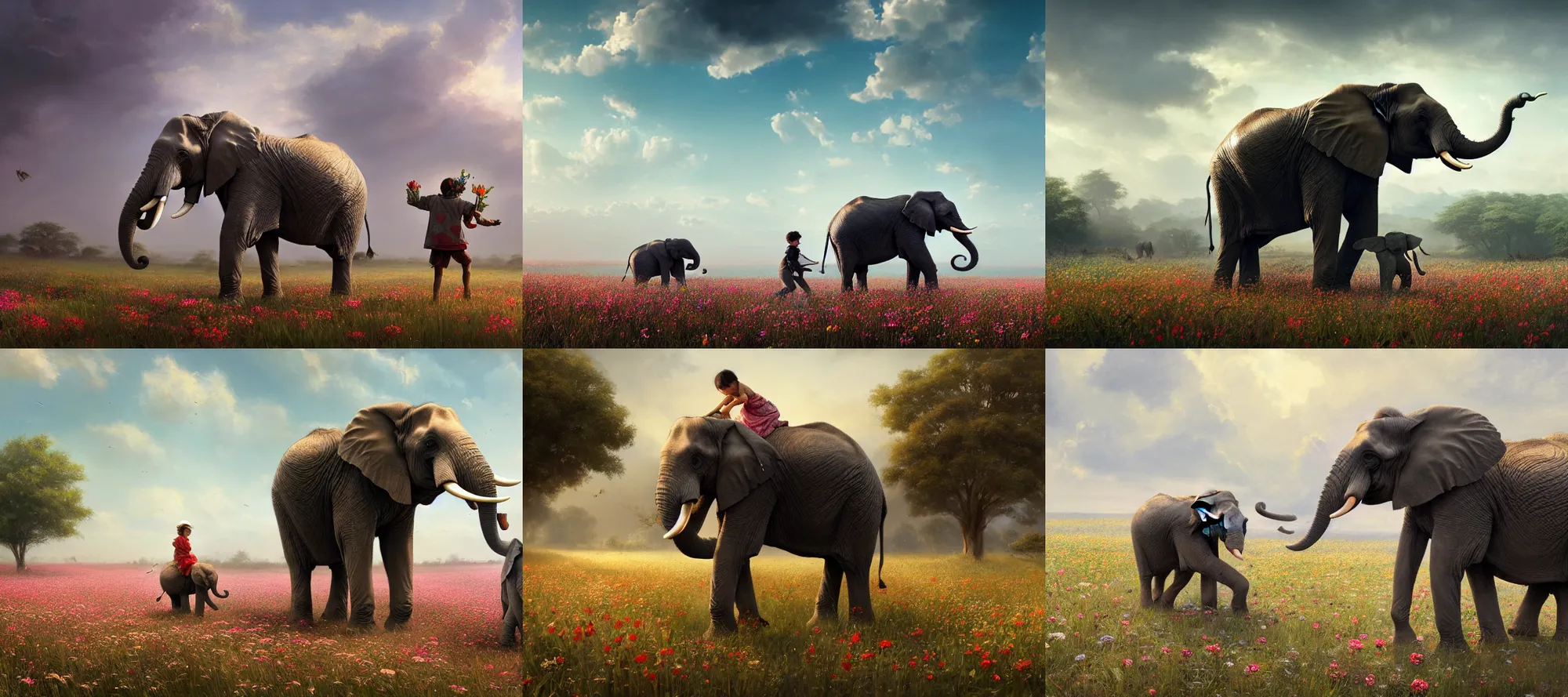 Prompt: an elephant is ridden by a child in a field of flowers by Greg Rutkowski, Sung Choi, Johnson Ting, Maxim Verehin, Peter Konig, Marco lense, photorealistic 8k, cinematic lighting, HD, high detail, atmospheric, trending on artstation