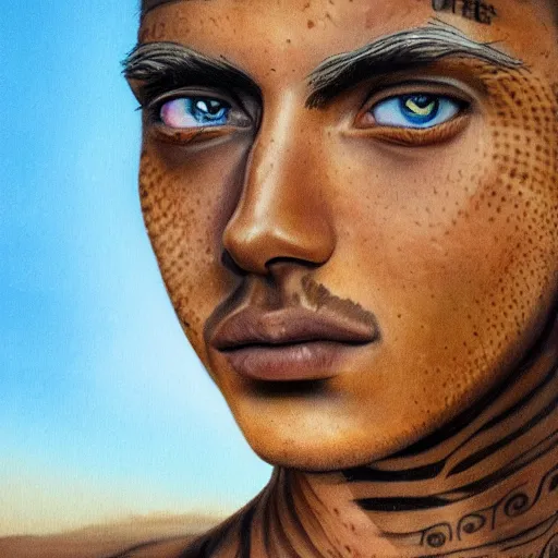 Image similar to a detailed portrait of a tan boy with a face tattoo in the desert, fantasy art illustration, incredibly highly detailed and realistic, 8 k, sharp focus