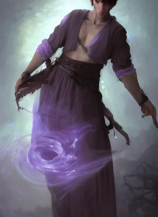 Image similar to character concept portrait of an handsome young focused Spanish wizard with pale purple skin enchanting an water spell, a floating iridescent spell book in the center, intricate, elegant, digital painting, concept art, smooth, sharp focus, illustration, from Metal Gear, by Ruan Jia and Mandy Jurgens and William-Adolphe Bouguereau, Artgerm