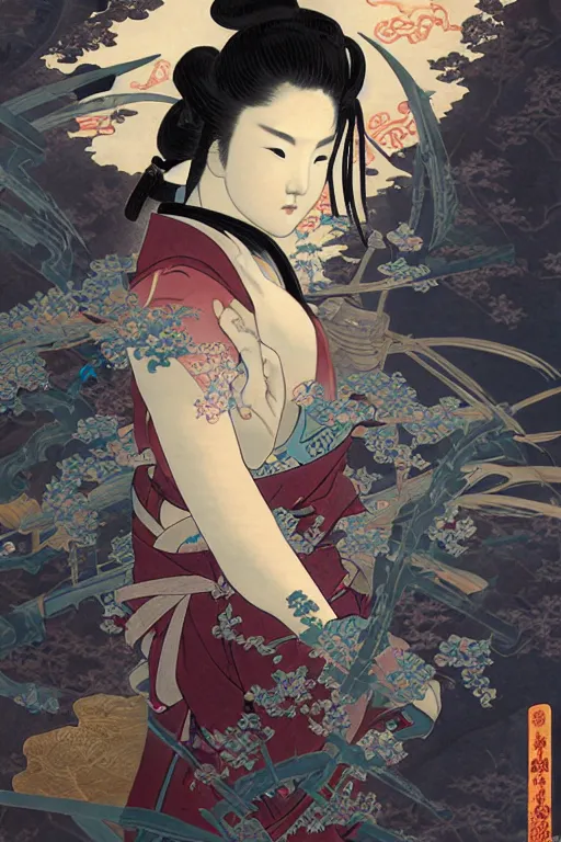 Image similar to beautiful Ukiyo-e and black magic and japanese and geisha female ninja portrait+shiny eyes+light flowing hair, in cyberpunk ruin tokyo temple, ultradetail face, art and illustration by tian zi and craig mullins and WLOP and alphonse mucha, fantasy, intricate complexity, human structure, fantasy world concept, watermark, blurry, hyperrealism 8k