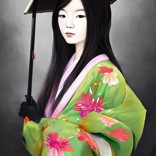 Prompt: centered portrait of beautiful Kawai Japanese girl in kimono holding an umbrella, hyperdetailed, digital painting, trending on CG society