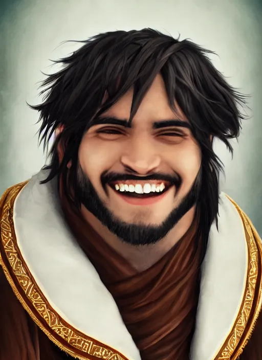 Image similar to a black haired young tauren with stubble, short hair, wearing brown robes, smiling, close up, portrait style, wisdom, photographic print, artgerm, hyper - realistic