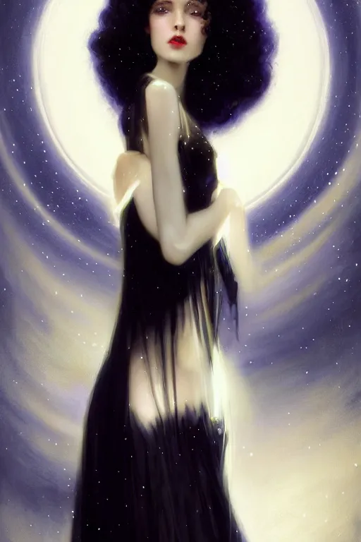 Prompt: Nocturne, glowing, stars, a long-legged elegant sultry woman, long black hair with white tips, pearl choker, highly detailed, mysterious, ethereal, dressed in black velvet, haute couture, illustration, dramatic lighting, soft details, painting, by Edmund Blair Leighton, Brom, Charlie Bowater, trending on artstation, faces by otto schmidt