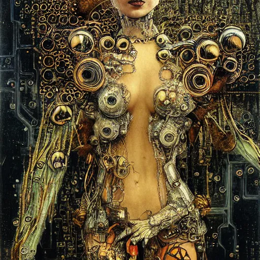 Image similar to cybernetic demon, circuitry, intricate detail, klimt, royo,