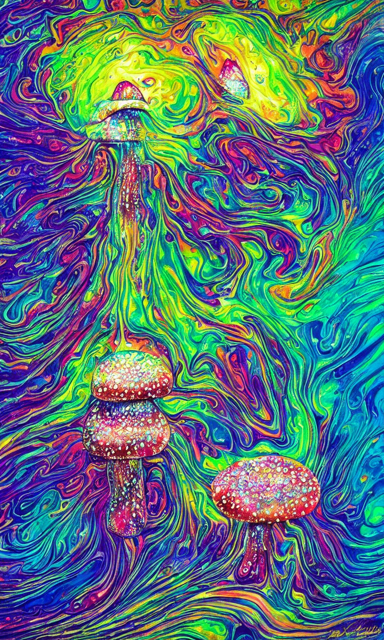 Prompt: ultra detailed acrylic pour fluid dynamics flow art painting of a iridescent amanita mushroom with a colorful swirl shimmering with pearlescence, acrylic marbling art of a toadstool by sam spratt, rhads, deviantart, psychedelic art, psychedelic, cosmic nebula, chromatic