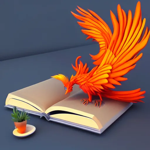 Prompt: A small fiery phoenix reads a book in a library, Digital Art, Artstation, 3D, Raytracing, UHD, Ultra High Definition, 4K, Render, Cycles, realism