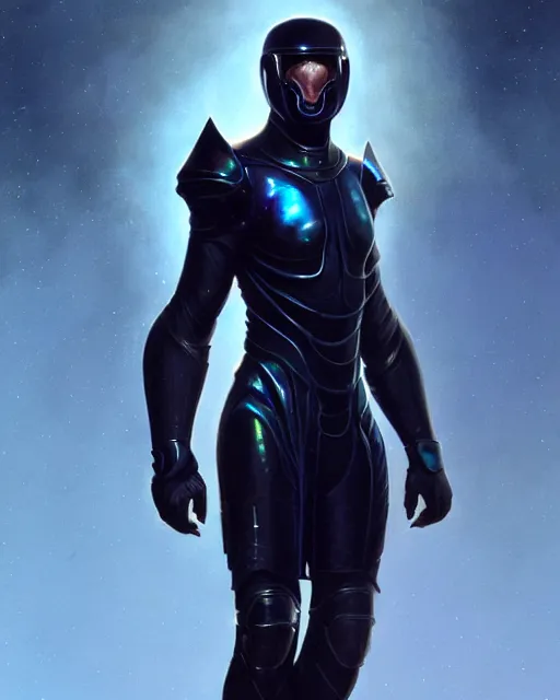 Prompt: character concept of iridescent sinewy smooth male muscular sleek glossy indigo black pearlescent scifi armor with smooth black featureless helmet, by greg rutkowski, mark brookes, jim burns, tom bagshaw, magali villeneuve, trending on artstation