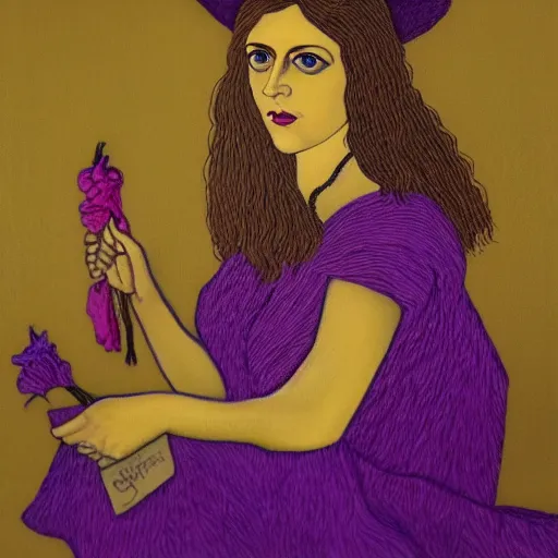 Image similar to portrait of a purple witch with golden embroidery, painting in the style of realism.