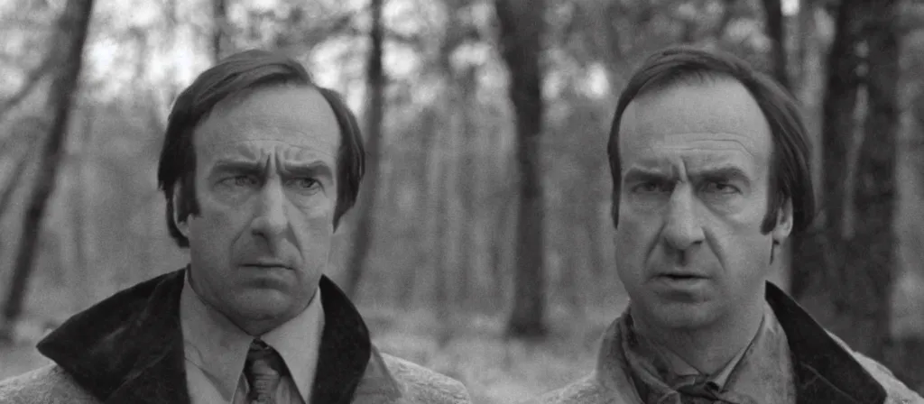 Image similar to A still of Saul Goodman in an Andrei Tarkovsky film, black and white, gloomy