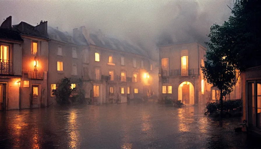 Image similar to 1 9 7 0 s movie still of a heavy burning french style townhouse in a small french village by night rain, cinestill 8 0 0 t 3 5 mm, heavy grain, high quality, high detail, dramatic light, anamorphic, flares