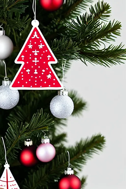 Prompt: flat sticker scandi christmas tree with kitsch glitzy baubles and stars and christmas robin bird decorations, silver pink white red mood, smooth sharp focus