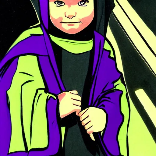 Image similar to little boy wearing nun outfit, purple and black color palate, artwork in western comic art style, inspired in hirohiko araki