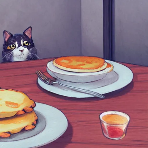 Image similar to concept art painting of a cat eating pancakes, realistic, detailed, cel shaded, in the style of makoto shinkai and greg rutkowski and james gurney