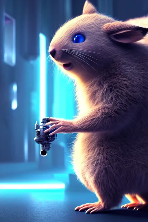 Image similar to high quality 3 d render sci - fi very cute fluffy! wombat!! cyborg with futuristic mechanical parts, cyberpunk monocle!, highly detailed, unreal engine cinematic smooth, in the style of detective pikachu, hannah yata charlie immer, dark blue neon light, low angle, uhd 8 k, sharp focus